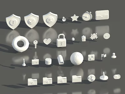 White 3D Icons Collection With Various Shapes Including Shield Star Lock And Sphere 3d model