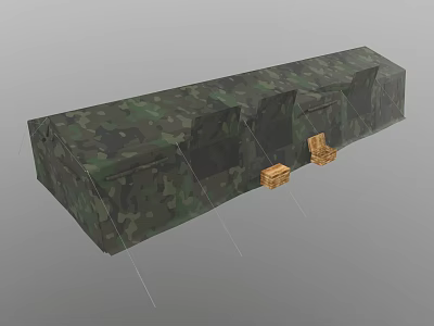 Long Camouflage Military Style Tent With Wooden Crates On Side 3d model