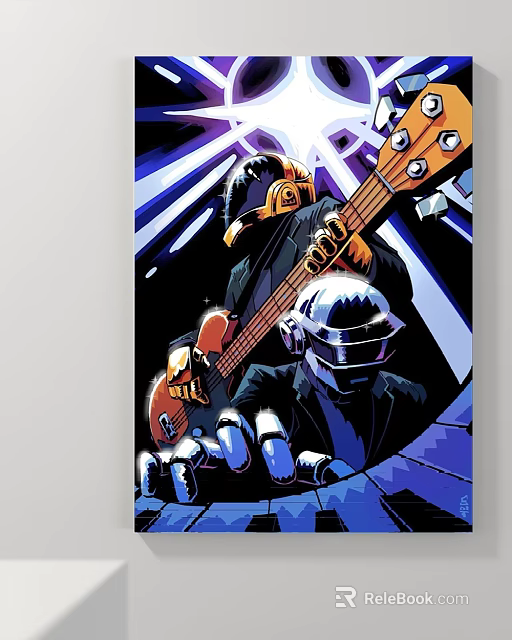 Abstract Painting Featuring Two Helmeted Figures Playing Electric Guitar With Purple Blue Light Effects 3d model 