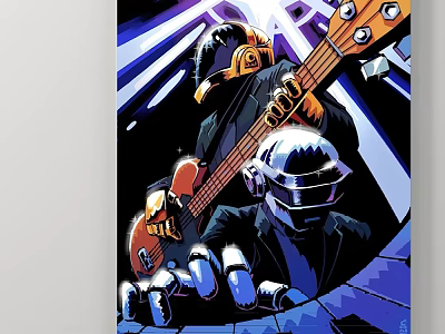 Abstract Painting Featuring Two Helmeted Figures Playing Electric Guitar With Purple Blue Light Effects 3d model