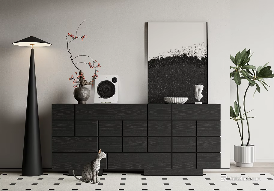 Black Console Cabinet with Vase Bowl Sculpture Floor Lamp Green Plant Wall Art and Cat 3d model 