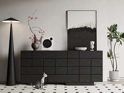Black Console Cabinet with Vase Bowl Sculpture Floor Lamp Green Plant Wall Art and Cat 3d model