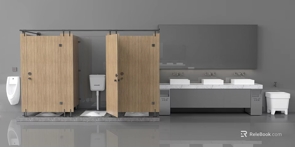 Modern Public Restroom Interior With Wooden Stalls Sinks And Wall Mirrors 3d model 