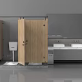 Modern Public Restroom Interior With Wooden Stalls Sinks And Wall Mirrors