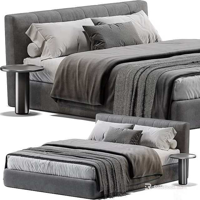 Modern Double Bed Interior With Upholstered Frame Gray Pillows And Bedside Table 3d model 