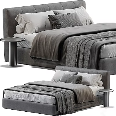 Modern Double Bed Interior With Upholstered Frame Gray Pillows And Bedside Table 3d model