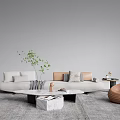 Modern Sofa and Coffee Table Combination with Pillows Green Plant and Decorative Side Table 3d model