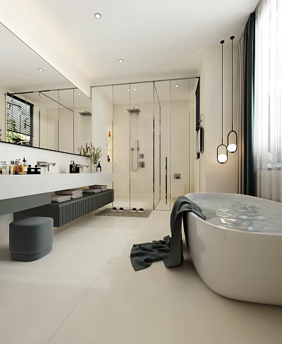 Modern Bathroom With Double Vanity Glass Shower And Bathtub 3d model