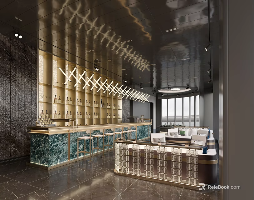 Elegant Modern Bar Interior With Marble Counter Hanging Lights And Seating Area 3d model 