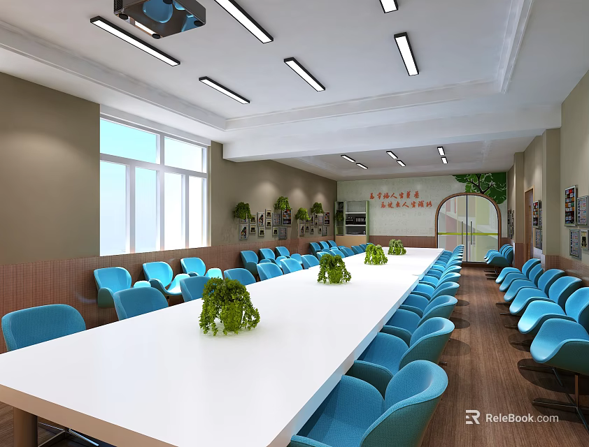 Spacious Conference Room With Long White Table Blue Chairs Green Plants And Bright Lighting 3d model 