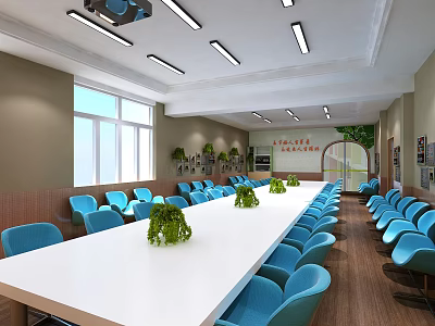 Spacious Conference Room With Long White Table Blue Chairs Green Plants And Bright Lighting 3d model