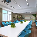 Spacious Conference Room With Long White Table Blue Chairs Green Plants And Bright Lighting