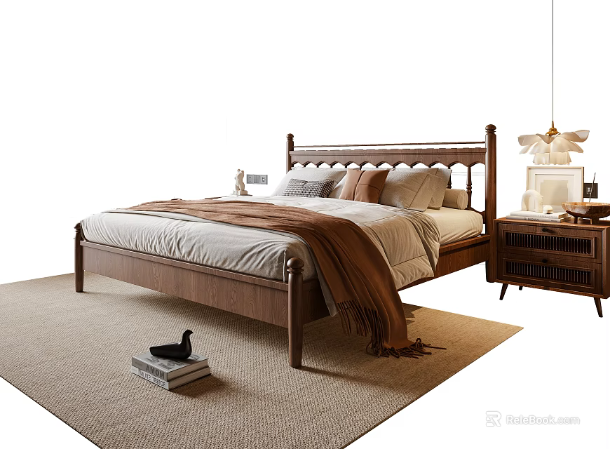 Wooden Double Bed with Bedding Pillows Nightstand Table Lamp and Rug 3d model 