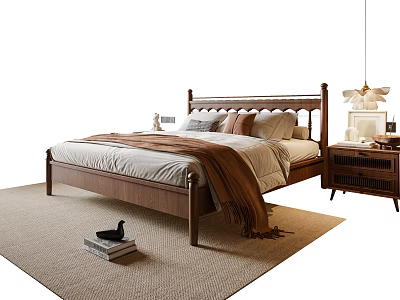 Wooden Double Bed with Bedding Pillows Nightstand Table Lamp and Rug 3d model