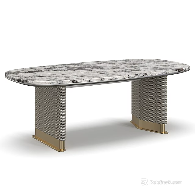 Luxury Oval Marble Top Dining Table With Textured Upholstered Base And Sleek Gold Metal Accents 3d model 