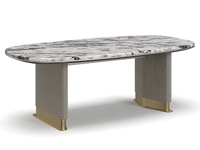 Luxury Oval Marble Top Dining Table With Textured Upholstered Base And Sleek Gold Metal Accents 3d model