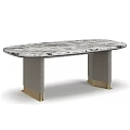 Luxury Oval Marble Top Dining Table With Textured Upholstered Base And Sleek Gold Metal Accents