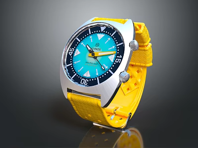 Stylish YEMA Watch With Yellow Strap Blue Numerical Dial And Silver Case 3d model