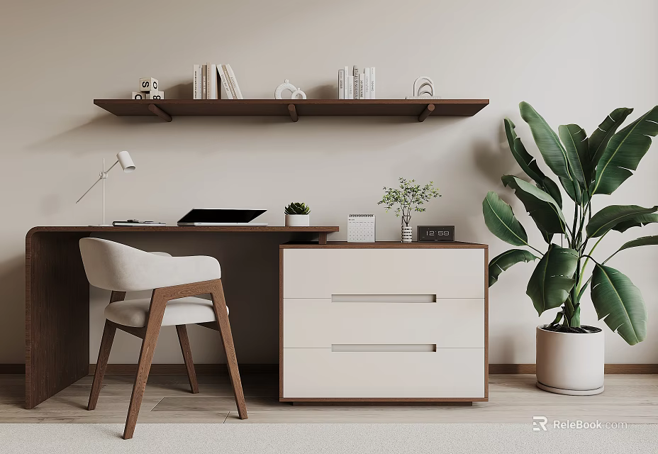 Modern Wooden Desk With White Chair Lamp Drawers And Potted Plant 3d model 