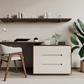 Modern Wooden Desk With White Chair Lamp Drawers And Potted Plant