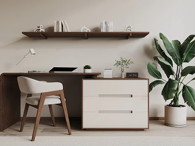 Modern Wooden Desk With White Chair Lamp Drawers And Potted Plant 3d model