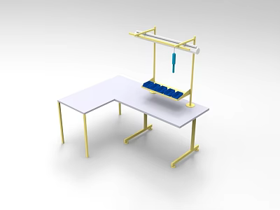 Functional Desk with White Tabletop Gold Frame and Overhead Blue Storage Shelf 3d model