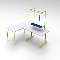 Functional Desk with White Tabletop Gold Frame and Overhead Blue Storage Shelf