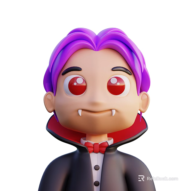 Cartoon Vampire Character With Purple Hair Red Eyes And Pointed Fangs 3d model 