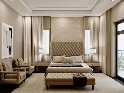Elegant Modern Bedroom Interior With Tufted Headboard Bedside Tables Lamps And Armchairs 3d model