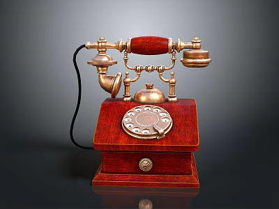 Vintage Electronic Telephone with Wooden Base Brass Accents and Rotary Dial Design 3d model