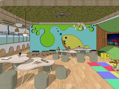 Colorful Kindergarten Activity Room With Cartoon Fish Wall Tables Stools And Play Mats 3d model