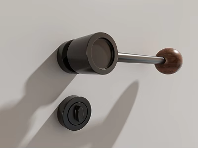 Modern Door Handle With Black Metal Base And Wooden Knob On White Wall 3d model