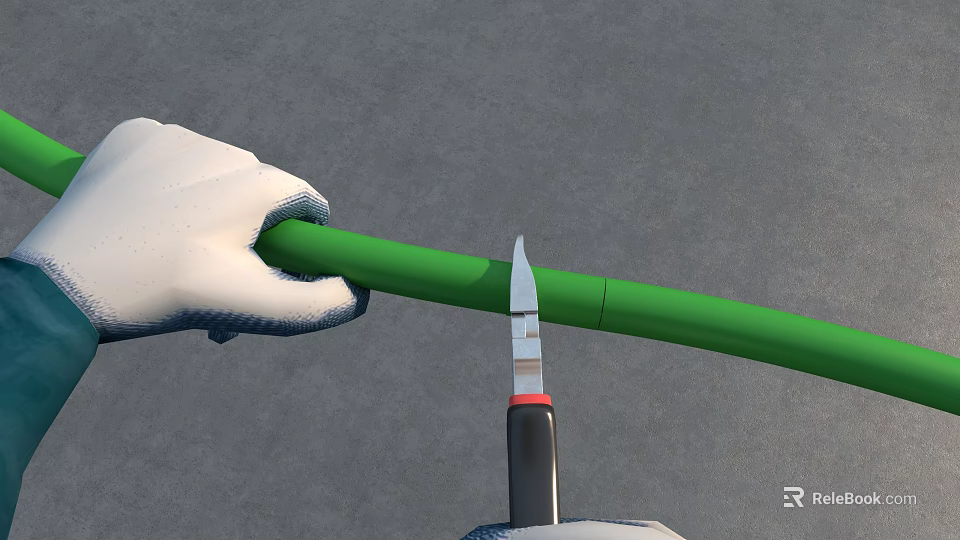 Man Wearing White Gloves Carefully Cutting Green Pipe With Utility Knife 3d model 