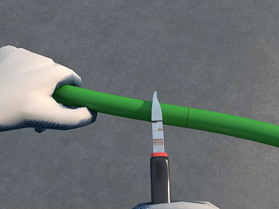 Man Wearing White Gloves Carefully Cutting Green Pipe With Utility Knife 3d model