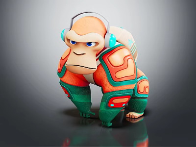 Muscular Game Character Gorilla with Headphones and Orange Green Armor Dynamic Pose 3d model