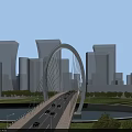 Modern Arch Bridge With Vehicles Over River In City Green Landscape
