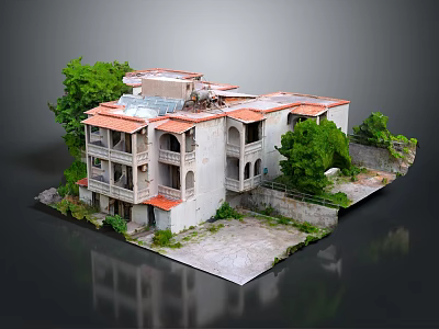 Cartoon Scene Multi Storey Building With Red Roofs And Grey Walls Surrounded By Green Trees 3d model