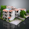 Cartoon Scene Multi Storey Building With Red Roofs And Grey Walls Surrounded By Green Trees