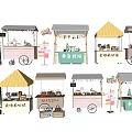 Colorful Mobile Functional Food Carts With Various Canopies And Food Signs