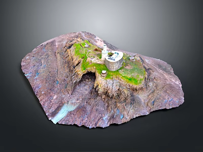 Hilltop White Building on Rocky Mountain Terrain with Green Grass and Flowing Stream 3d model