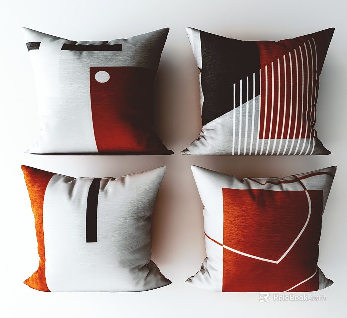 Modern Geometric Pattern Decorative Pillows with Red White Black Tones 3d model 