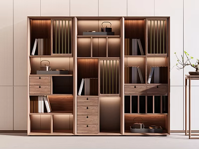 Modern Wooden Bookcase Interior With Layered Shelves Drawers And Warm Lighting 3d model