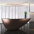 Modern Copper Curved Reception Desk Design With Marble Wall And Green Plant Vase