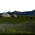 Beautiful Vast Grassland Landscape With Yurts Grazing Livestock Clear Lake Distant Mountains Under Blue Sky