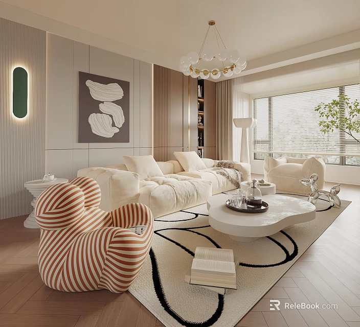 Modern Elegant Living Room Interior With Beige Sofa Striped Chair Coffee Table Rug And Chandelier 3d model 