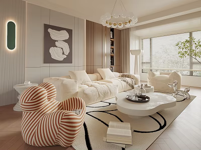 Modern Elegant Living Room Interior With Beige Sofa Striped Chair Coffee Table Rug And Chandelier 3d model