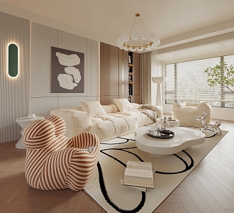 Cream Style Living Room Cream Style Sofa Coffee Table Combination Single Person Sofa Lazy Person Sofa Background Wall Floor Lamp Chandelier 3d model