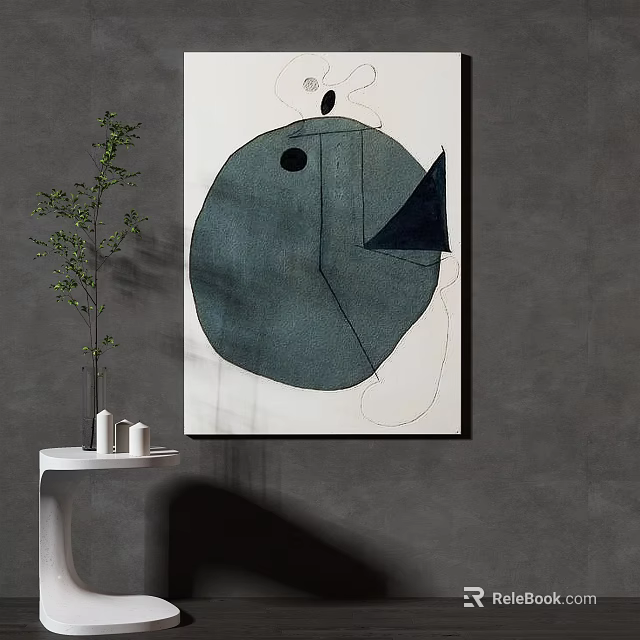 Abstract Painting Featuring Green Circular Shape Black Triangular Form And Geometric Lines On Gray Wall 3d model