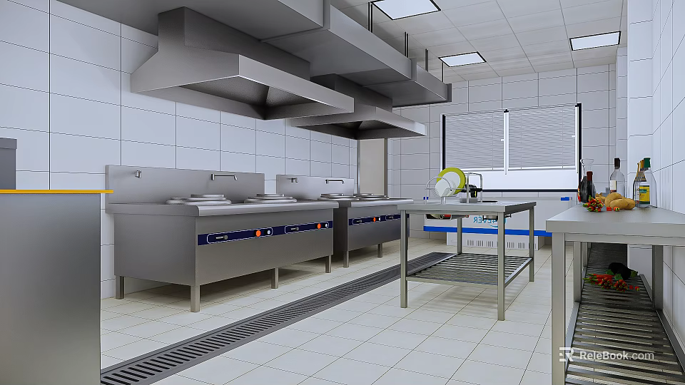 Commercial Kitchen With Stainless Steel Worktables Range Hoods White Tiled Walls Windows And Metal Shelves 3d model 
