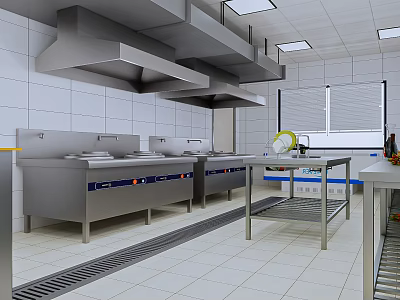 Commercial Kitchen With Stainless Steel Worktables Range Hoods White Tiled Walls Windows And Metal Shelves 3d model